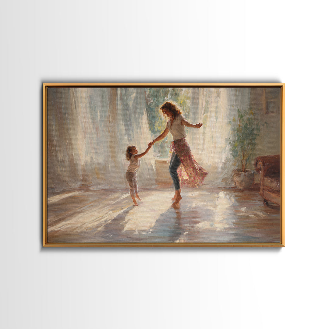 Sunlit Mother And Daughter Dancing Wall Art, Impressionist Family Painting, Feminine Bedroom Decor, Gift For Mom, Home Decor