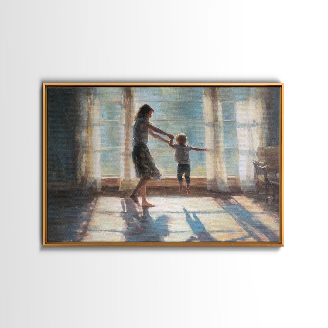 Mother Lifting Toddler In Sunlit Windows Framed Canvas Print, Impressionist Family Wall Decor, Nursery Art, Gift For Her