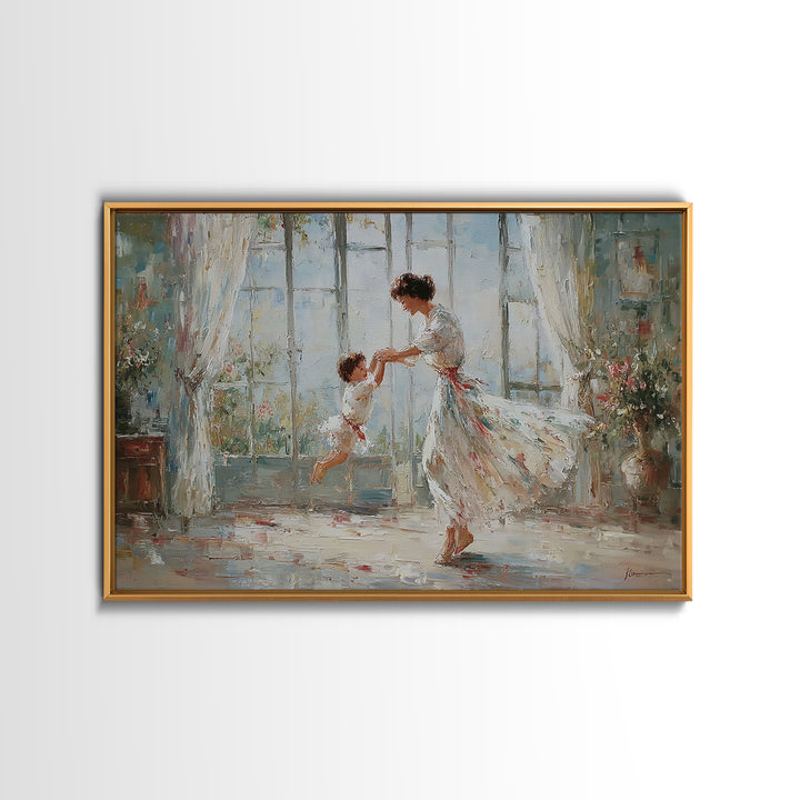 Mother And Child Dancing In Bright Floral Room Wall Art, Impressionist Family Painting, Feminine Decor, Gift For Her, Fine Art