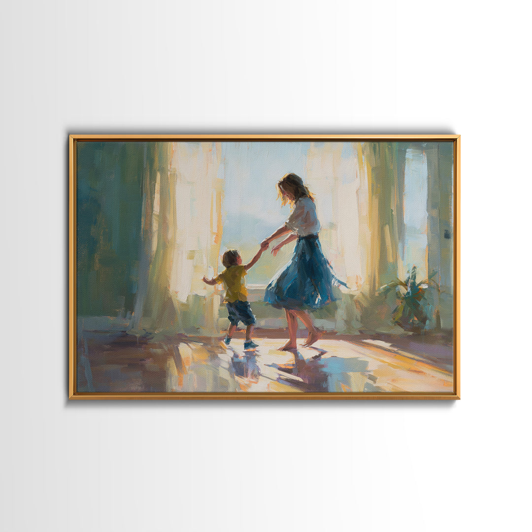 Mother Dancing With Little Boy In Sunlit Room Canvas Print, Impressionist Family Wall Decor, Bedroom Art, Gift For Mom, Home Decor
