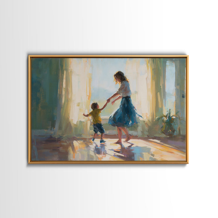 Mother Dancing With Little Boy In Sunlit Room Canvas Print, Impressionist Family Wall Decor, Bedroom Art, Gift For Mom, Home Decor