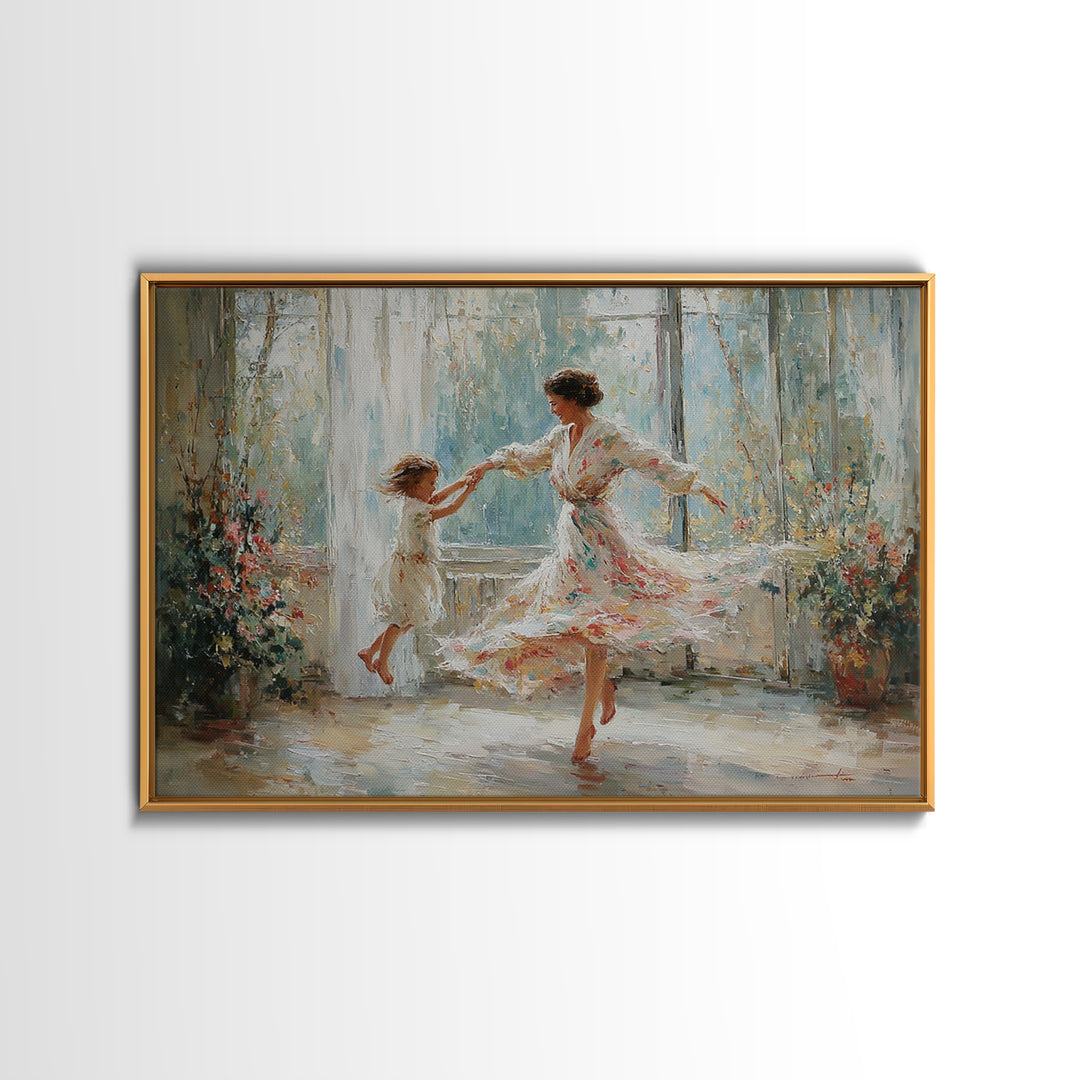 Mother And Daughter Twirling In Sunlit Flower Room Wall Art, Impressionist Family Painting, Feminine Decor, Gift For Mom
