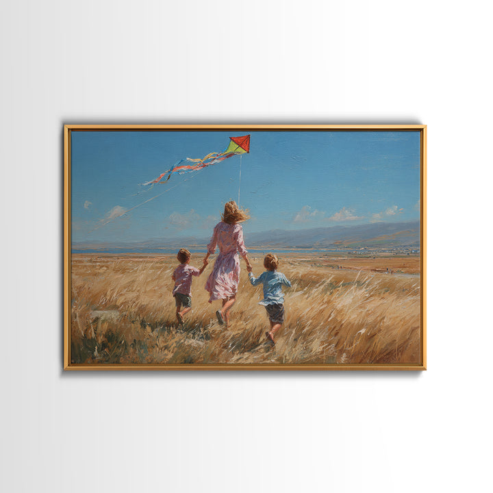 Mother And Children Running With Kite Through Golden Field Canvas Print, Impressionist Landscape, Family Gift, Farmhouse Decor