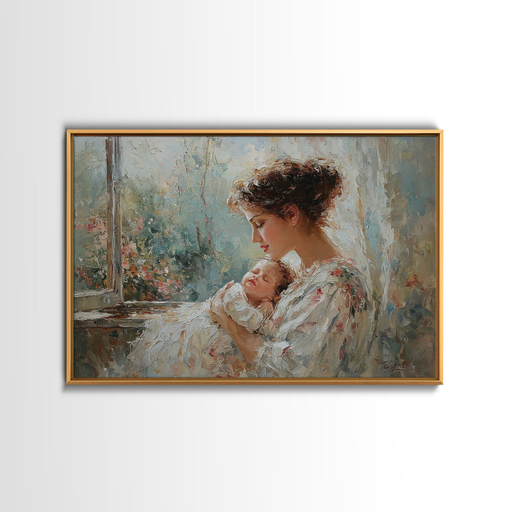 Mother Cradling Sleeping Newborn By Garden Window Framed Canvas Print, Feminine Wall Art, Baby Nursery Decor, Gift For Mom