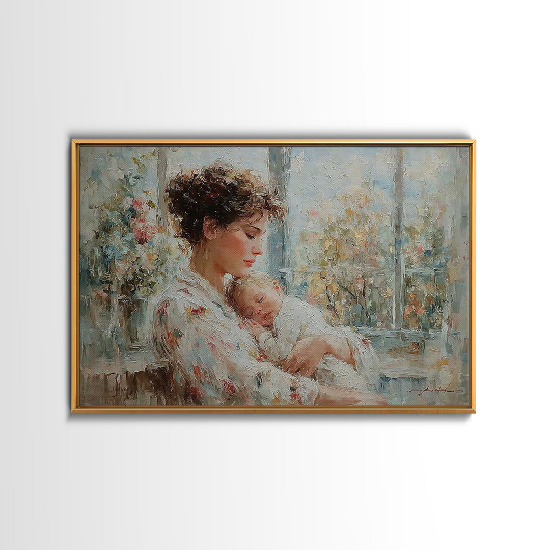 Tender Mother Holding Sleeping Baby Beside Bright Window Wall Art, Impressionist Nursery Decor, Feminine Art, Gift For Her