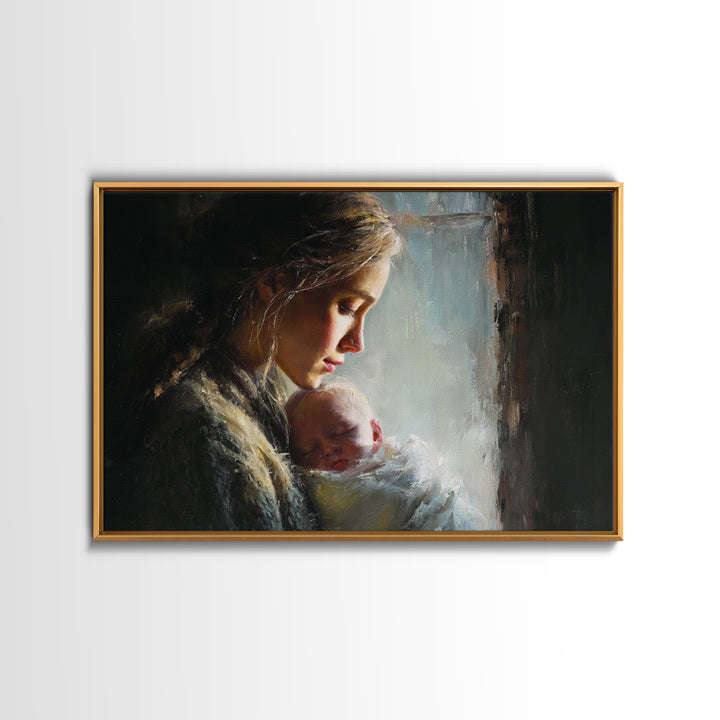 Moody Mother And Sleeping Baby By Rainy Window Framed Canvas Print, Dark Academia Wall Art, Nursery Decor, Gift For Mom, New Baby Gift