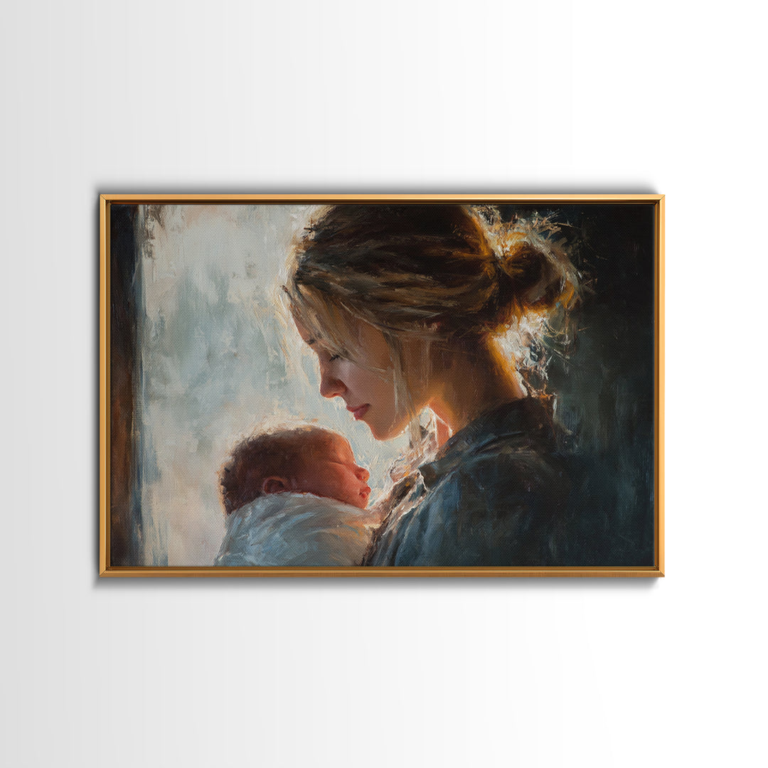 Soft Mother And Newborn Portrait In Window Light Canvas Print, Feminine Wall Art, Baby Nursery Decor, Gift For Mom, New Baby Gift