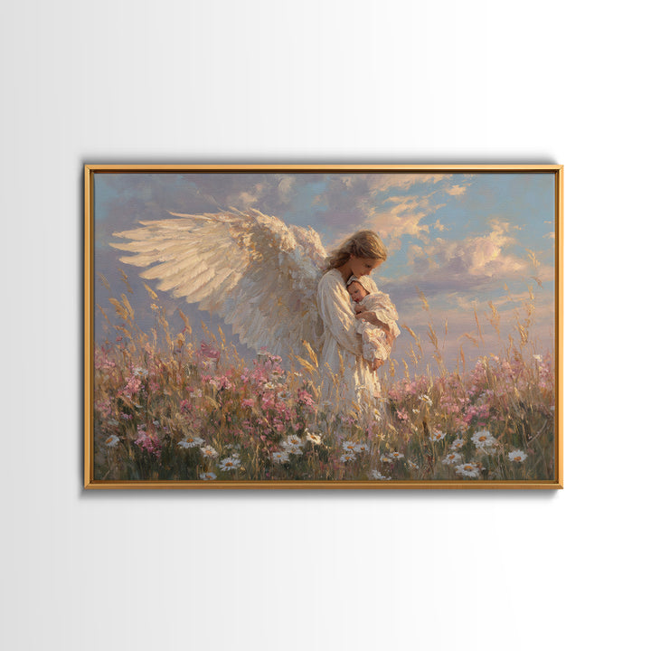 Guardian Angel Holding Baby In Wildflower Meadow Wall Art, Spiritual Nursery Decor, Christian Art Print, Baptism Gift For Her