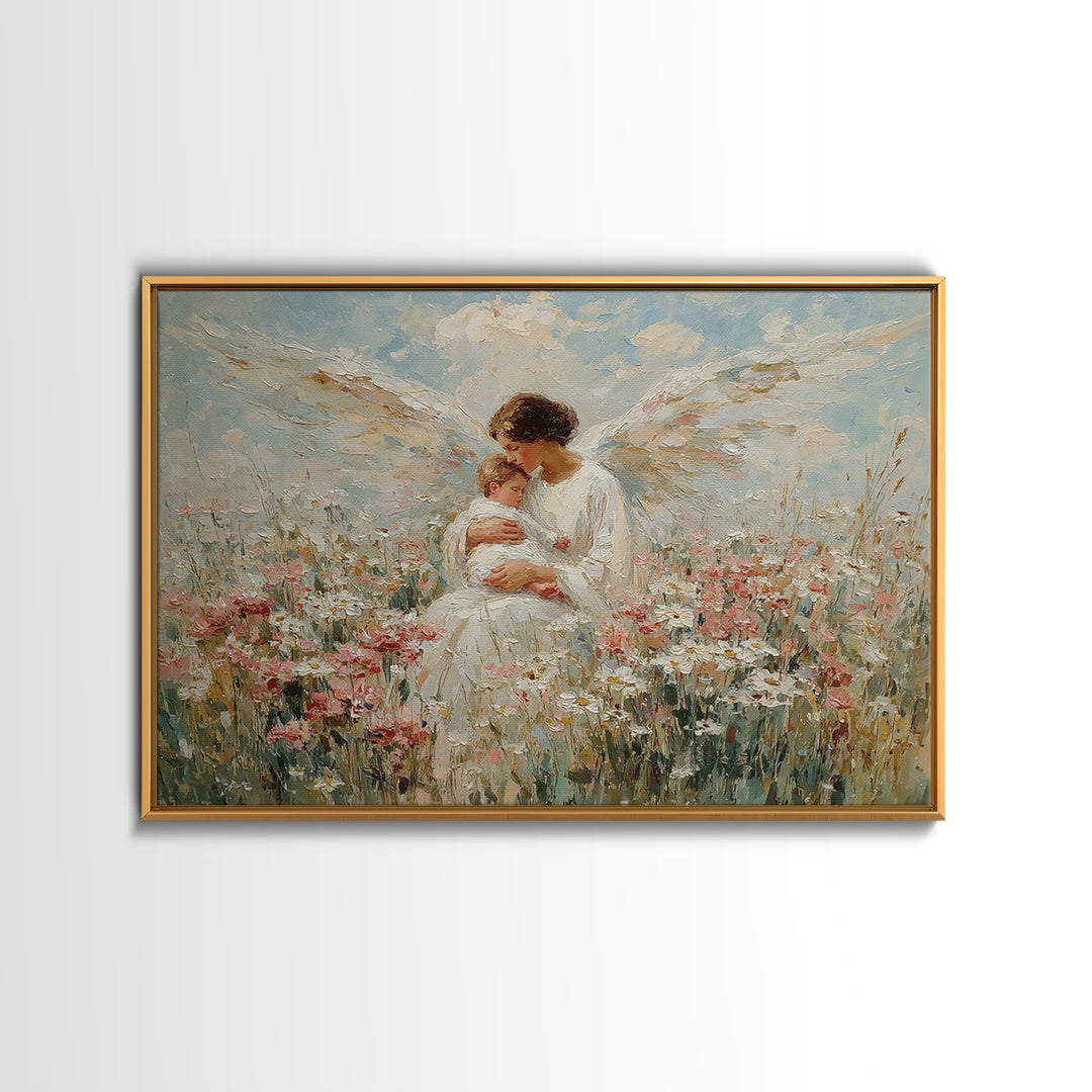 Guardian Angel Holding Baby In Wildflower Meadow Wall Art, Christian Nursery Decor, Motherhood Gift, Floral Canvas Print