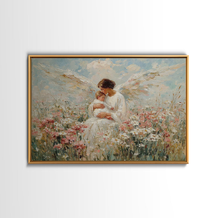Guardian Angel Holding Baby In Wildflower Meadow Wall Art, Christian Nursery Decor, Motherhood Gift, Floral Canvas Print