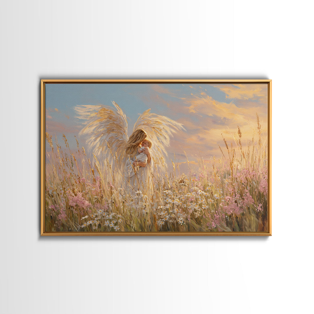 Golden Winged Angel With Baby At Sunset Framed Canvas Print, Christian Wall Art, Nursery Decor, Spiritual Gift For Mother