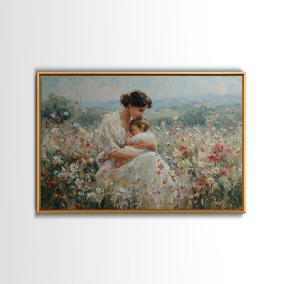 Mother Nursing Baby In Wildflower Meadow Wall Art, Impressionist Oil Painting, Christian Nursery Decor, Gift For New Mom