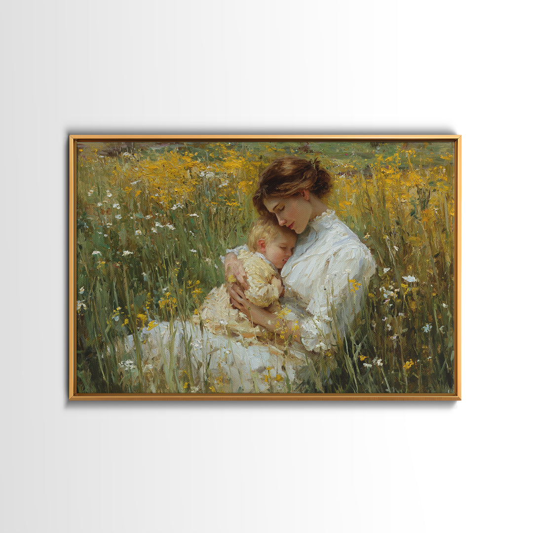 Mother And Sleeping Child In Yellow Wildflowers Canvas Print, Impressionist Wall Art, Floral Nursery Decor, Gift For Mom