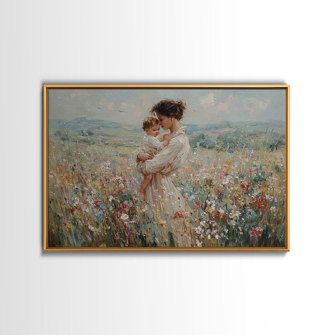 Mother Holding Baby In Mountain Wildflower Field Wall Art, Impressionist Canvas Print, Nursery Decor, Mothers Day Gift For Mom