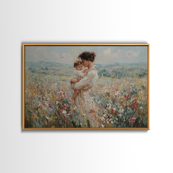 Mother Holding Baby In Mountain Wildflower Field Wall Art, Impressionist Canvas Print, Nursery Decor, Mothers Day Gift For Mom