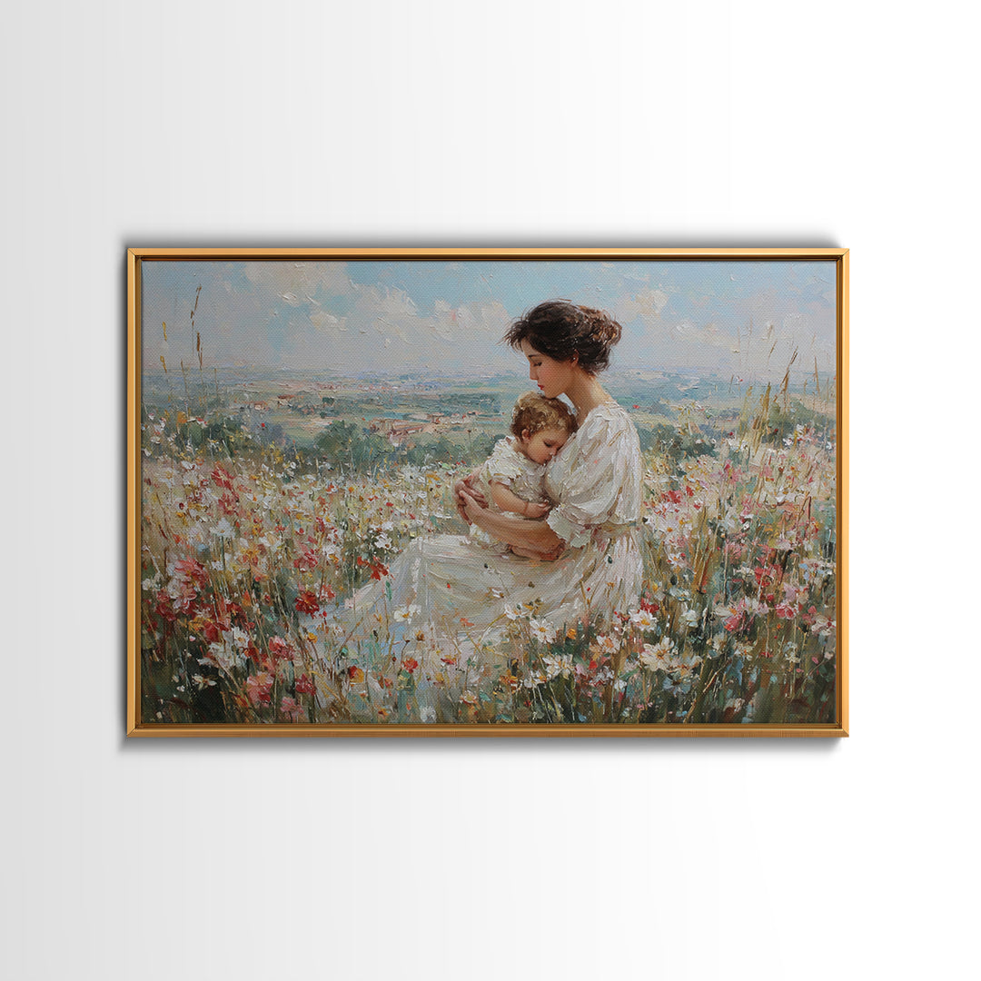 Seated Mother And Baby In Hilltop Wildflowers Canvas Print, Impressionist Landscape Art, Nursery Decor, Motherhood Gift For Her