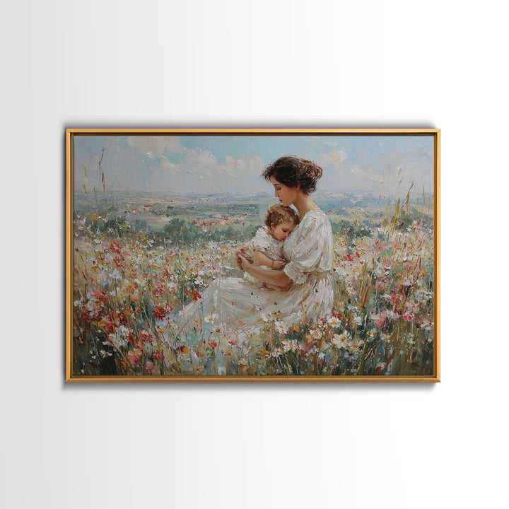 Seated Mother And Baby In Hilltop Wildflowers Canvas Print, Impressionist Landscape Art, Nursery Decor, Motherhood Gift For Her