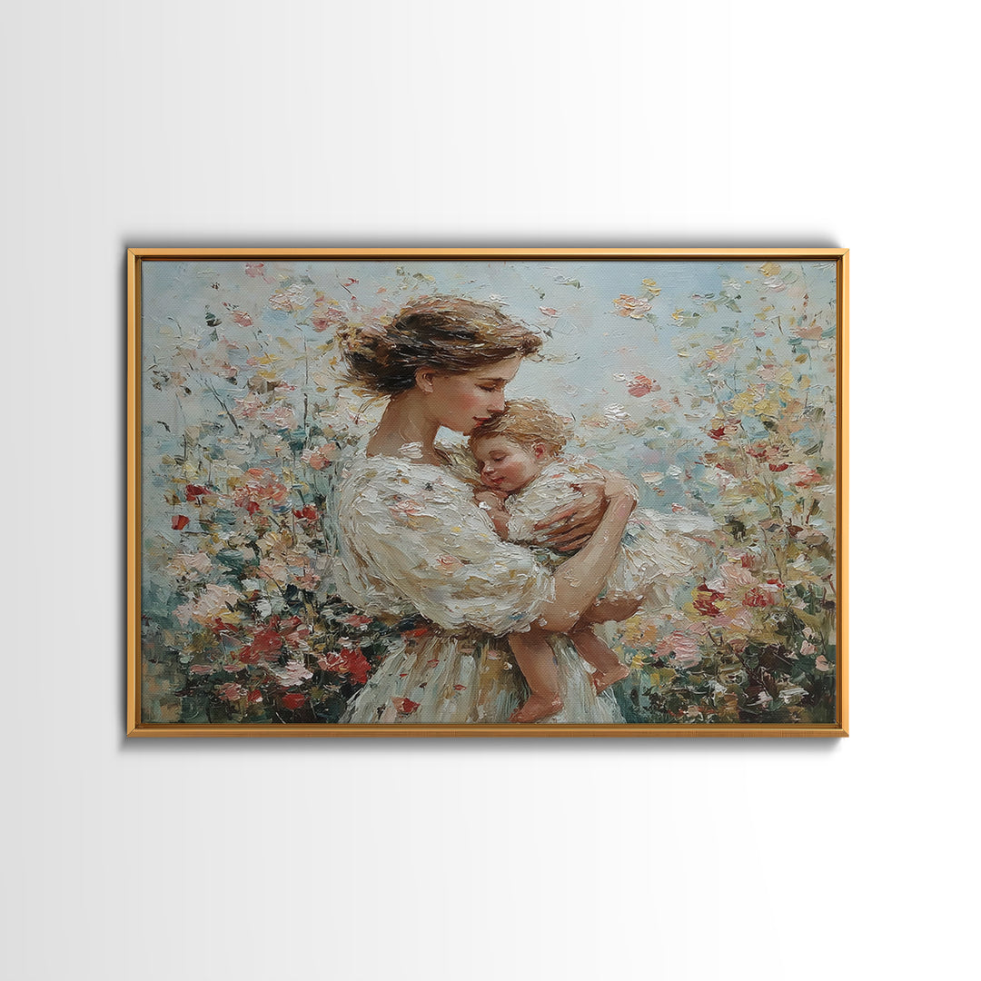 Tender Mother And Sleeping Baby In Floral Breeze Framed Canvas Print, Impressionist Wall Art, Nursery Decor, Gift For Mom