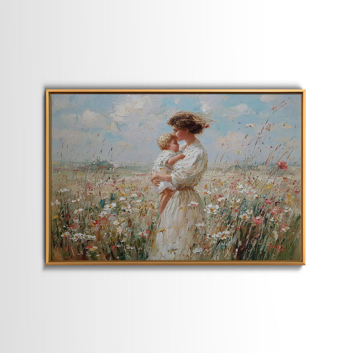 Mother Kissing Baby In Sunny Wildflower Field Wall Art, Impressionist Floral Canvas Print, Nursery Decor, Gift For Mom, Home Decor