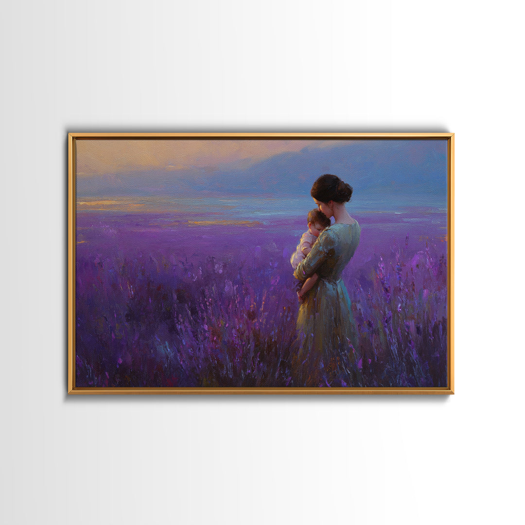 Mother And Baby In Lavender Sunset Field Wall Art, Impressionist Landscape Canvas Print, Purple Bedroom Decor, Gift For Her