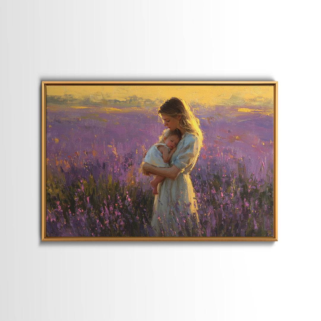 Mother And Baby In Lavender Sunset Wall Art, Impressionist Oil Painting Print, Feminine Nursery Decor, Gift For Mom, Mothers Day Gift