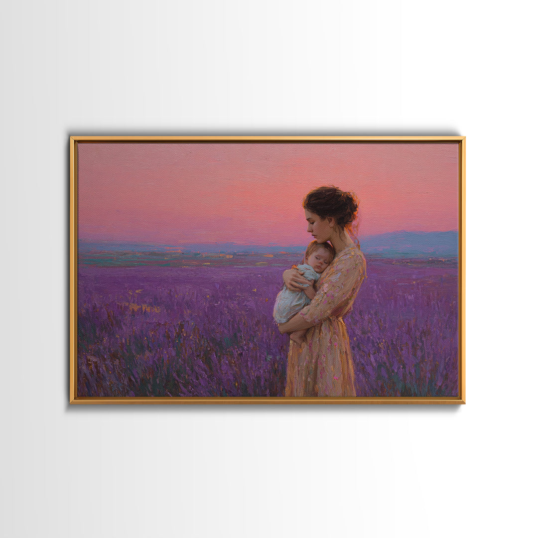 Mother And Baby In Pink Lavender Field Framed Canvas Print, Romantic Nursery Wall Art, Impressionist Landscape, Gift For Mom