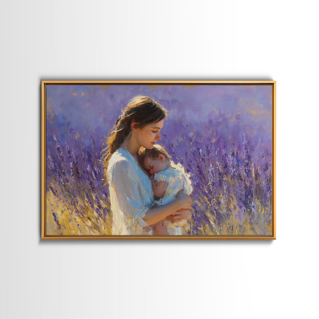 Tender Mother And Sleeping Baby Lavender Wall Art, Impressionist Oil Painting Print, Feminine Nursery Decor, Gift For Mom