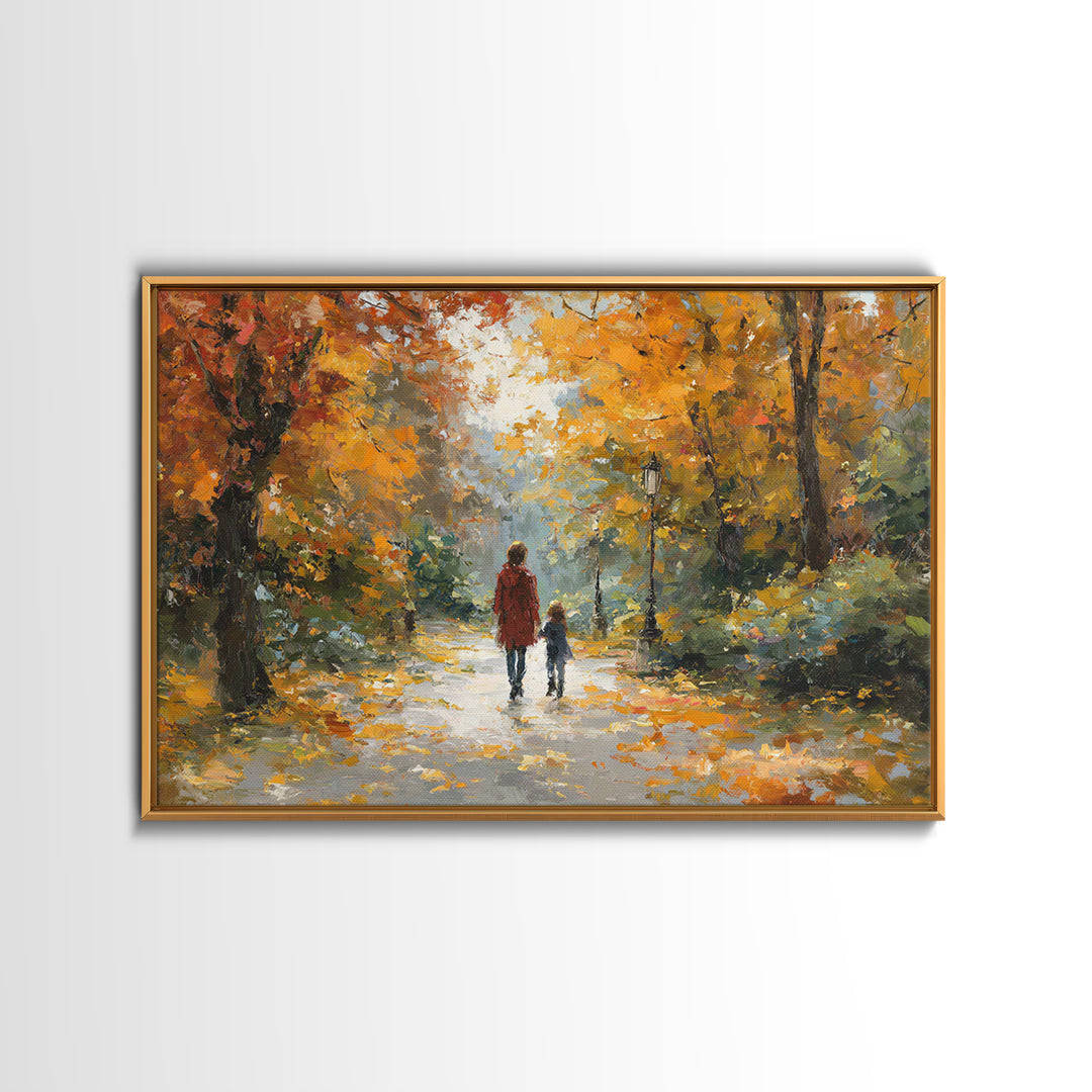 Mother And Child In Golden Autumn Park Framed Canvas Print, Impressionist Fall Landscape Wall Art, Cozy Living Room Decor