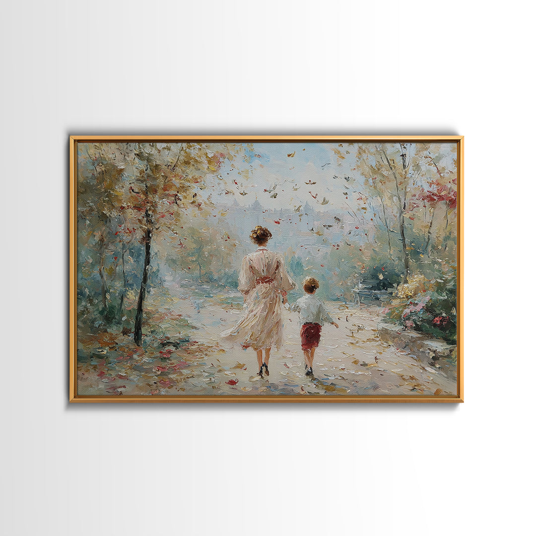 Mother And Son Garden Stroll Canvas Print, Impressionist Landscape Painting, Feminine Living Room Wall Decor, Gift For Mom