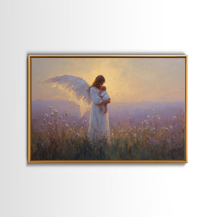 Guardian Angel Holding Baby Framed Canvas Print, Golden Meadow Oil Painting, Spiritual Nursery Decor, Christian Gift For Mom