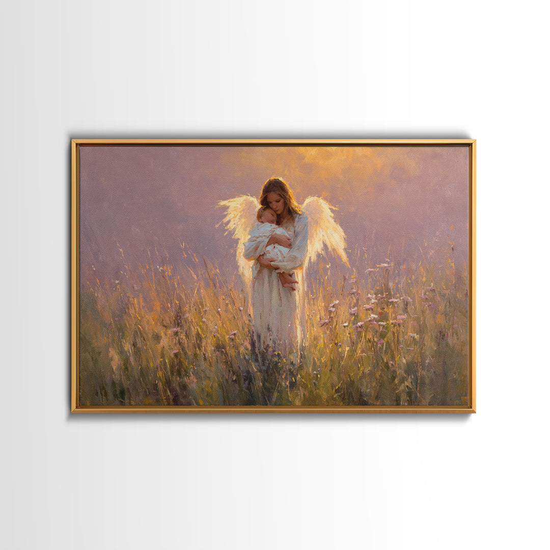 Angel Mother Cradling Newborn Canvas Print, Glowing Wildflower Oil Painting, Christian Nursery Wall Decor, Gift For New Mom