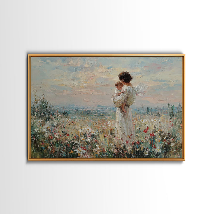 Angel Mother With Baby Wildflower Wall Art, Pastel Meadow Oil Painting Print, Spiritual Nursery Decor, Christian Gift For Mom