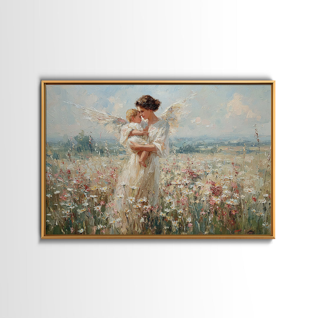 Angel Mother Kissing Baby Canvas Print, Bright Wildflower Meadow Painting, Spiritual Wall Decor, Nursery Art Gift For Mom