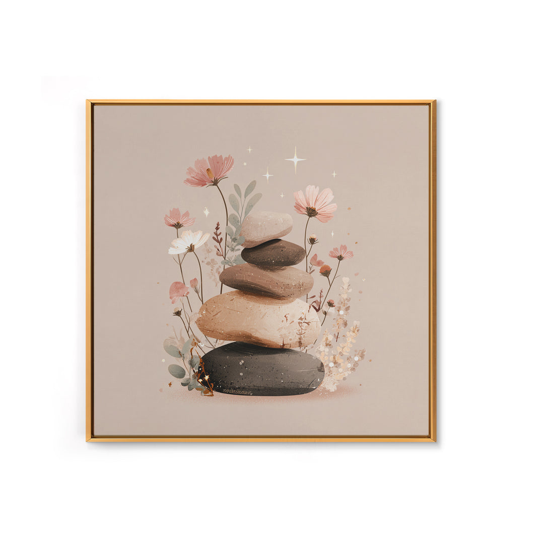 Stacked Zen Stones With Blush Flowers Wall Art, Neutral Spa Decor Canvas, Botanical Bathroom Print, Mindfulness Gift, Home Decor