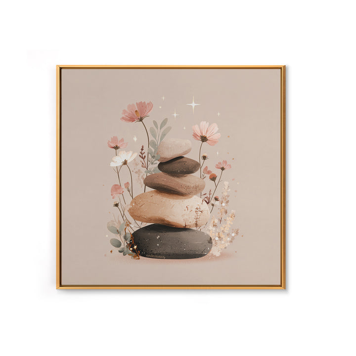 Stacked Zen Stones With Blush Flowers Wall Art, Neutral Spa Decor Canvas, Botanical Bathroom Print, Mindfulness Gift, Home Decor