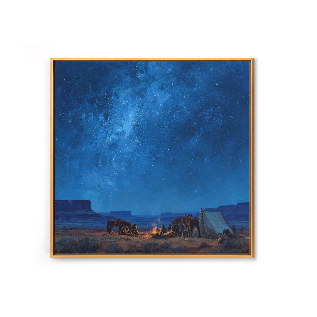 Cowboys Around Campfire Under Milky Way Wall Art, Western Night Desert Painting Print, Rustic Cabin Decor Living Room Art