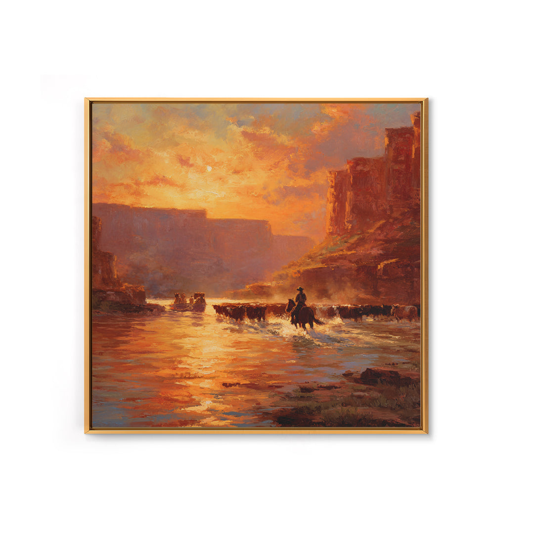 Cowboy Cattle Drive Sunset River Western Landscape Wall Art Canvas Print Rustic Home Decor Living Room Western Wall Art