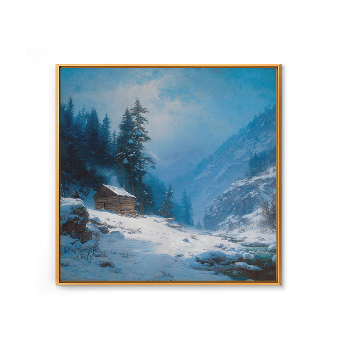 Cozy Winter Cabin In Snowy Mountain Valley Wall Art Print, Rustic Landscape Home Decor, Calming Nature Canvas Print