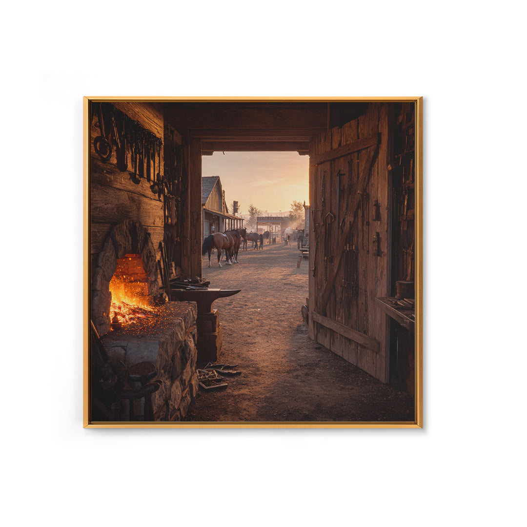 Cozy Old West Blacksmith Shop At Sunset Wall Art For Rustic Farmhouse Decor, Western Town Framed Canvas Print