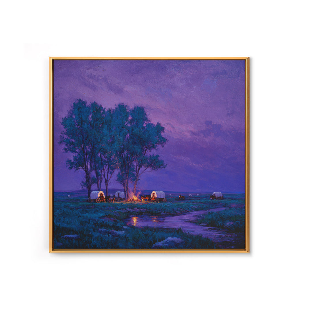 Purple Prairie Campfire Wagons Wall Art, Western Night Landscape Painting, Cozy Cabin Country Decor, Canvas Print