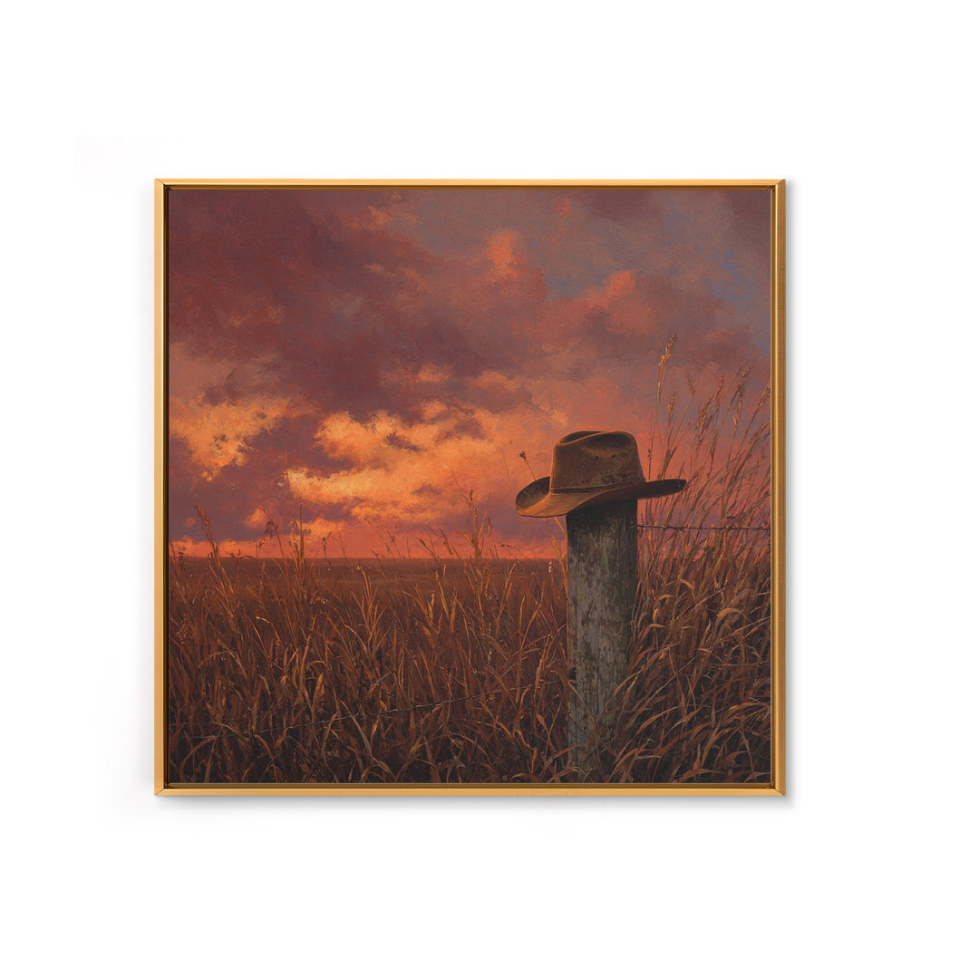 Western Cowboy Hat Sunset Field Wall Art Rustic Landscape Canvas Print Country Home Decor Farmhouse Painting Living Room Art