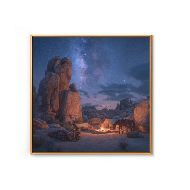 Starry Desert Campfire Wall Art, Western Night Landscape Framed Canvas Print, Cowboy Camping Art, Rustic Cabin Decor