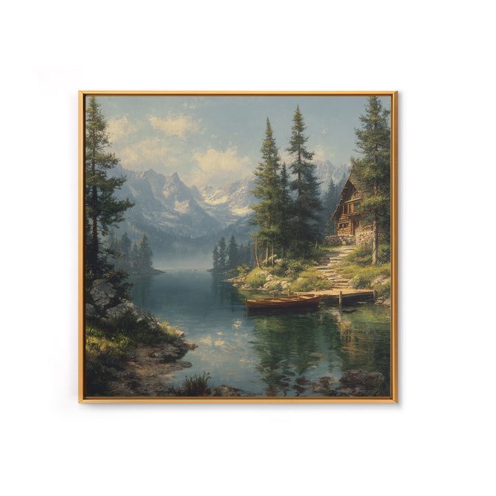 Mountain Lake Cabin Landscape Wall Art Canvas Print, Rustic Country Home Decor, Large Landscape Art, Living Room Wall Decor