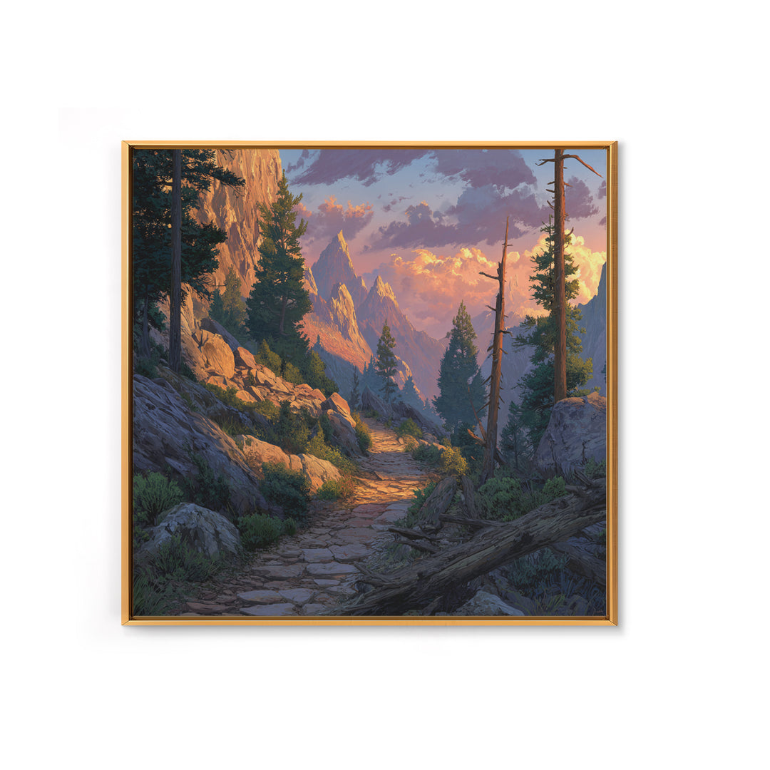 Mountain Trail At Sunset Landscape Wall Art, Scenic Hiking Path Canvas Print, Rustic Nature Home Decor For Living Room