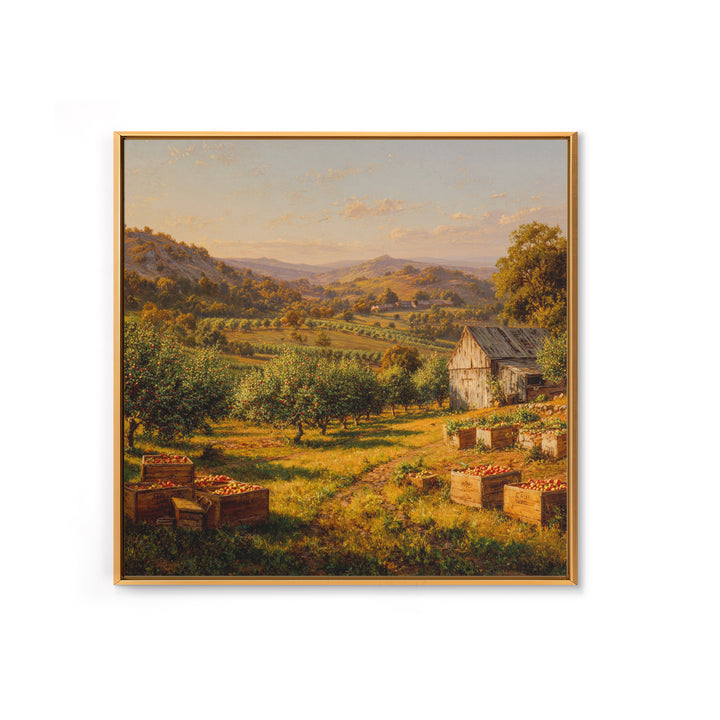 Golden Orchard Valley Landscape Painting Wall Art, Rustic Farm Harvest Print, Country Kitchen And Dining Room Decor