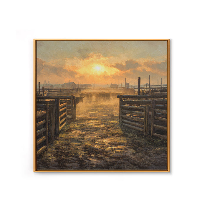 Rustic Cattle Pens Sunrise Oil Painting Wall Art, Western Farmhouse Landscape Print For Country Kitchen Or Living Room Decor