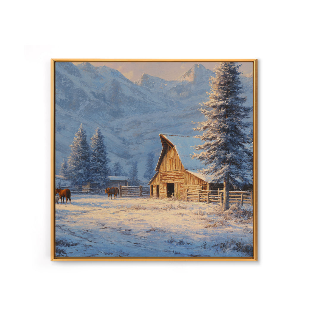 Snowy Mountain Barn Winter Wall Art, Rustic Farm Landscape Canvas Print, Cozy Cabin Decor, Country Farmhouse Living Room Wall Decor
