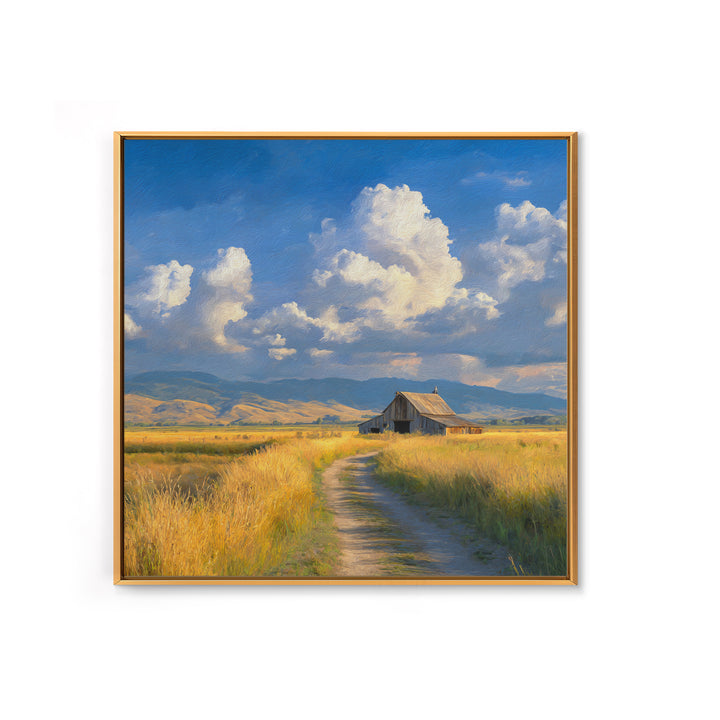 Golden Field Barn Country Landscape Wall Art, Blue Sky Farmhouse Canvas Print, Rustic Country Home Decor For Kitchen Or Living Room
