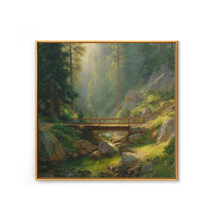 Sunlit Forest Bridge Landscape Wall Art, Tranquil Nature Print, Calming Green Decor, Rustic Country Artwork For Living Room Or Bedroom