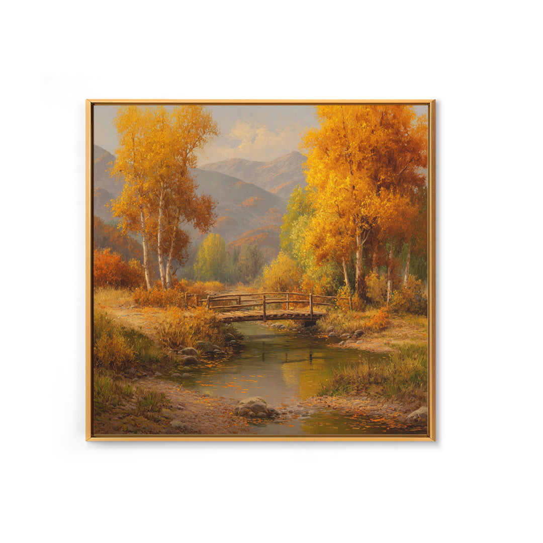 Autumn Forest Bridge Landscape Wall Art, Rustic Country Stream Canvas Print, Cozy Fall Home Decor, Living Room Wall Art